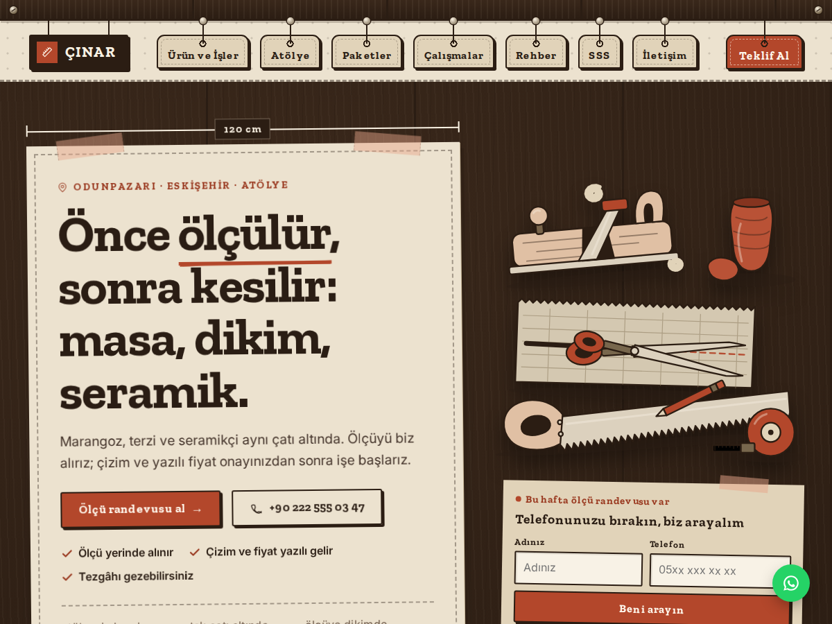 Elişi teması ana sayfası: ceviz tezgâhın üstünde el çizimi rende, testere ve makas; kraft kâğıda yazılı “Önce ölçülür, sonra kesilir” başlığı.