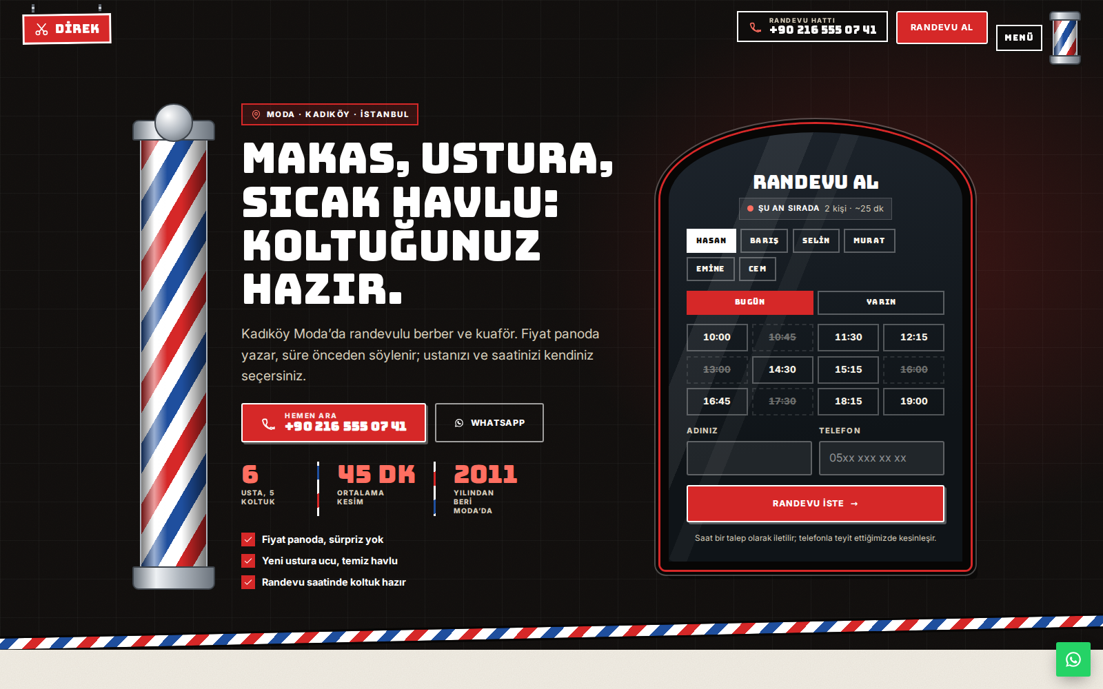 Makas teması ana sayfası: siyah ve kırmızı zeminde dönen berber direği, “Makas, ustura, sıcak havlu” başlığı ve ayna çerçevesinde randevu saat ızgarası.