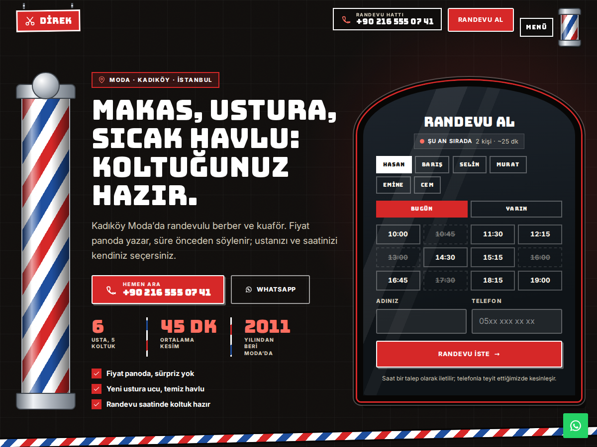 Makas teması ana sayfası: siyah ve kırmızı zeminde dönen berber direği, “Makas, ustura, sıcak havlu” başlığı ve ayna çerçevesinde randevu saat ızgarası.