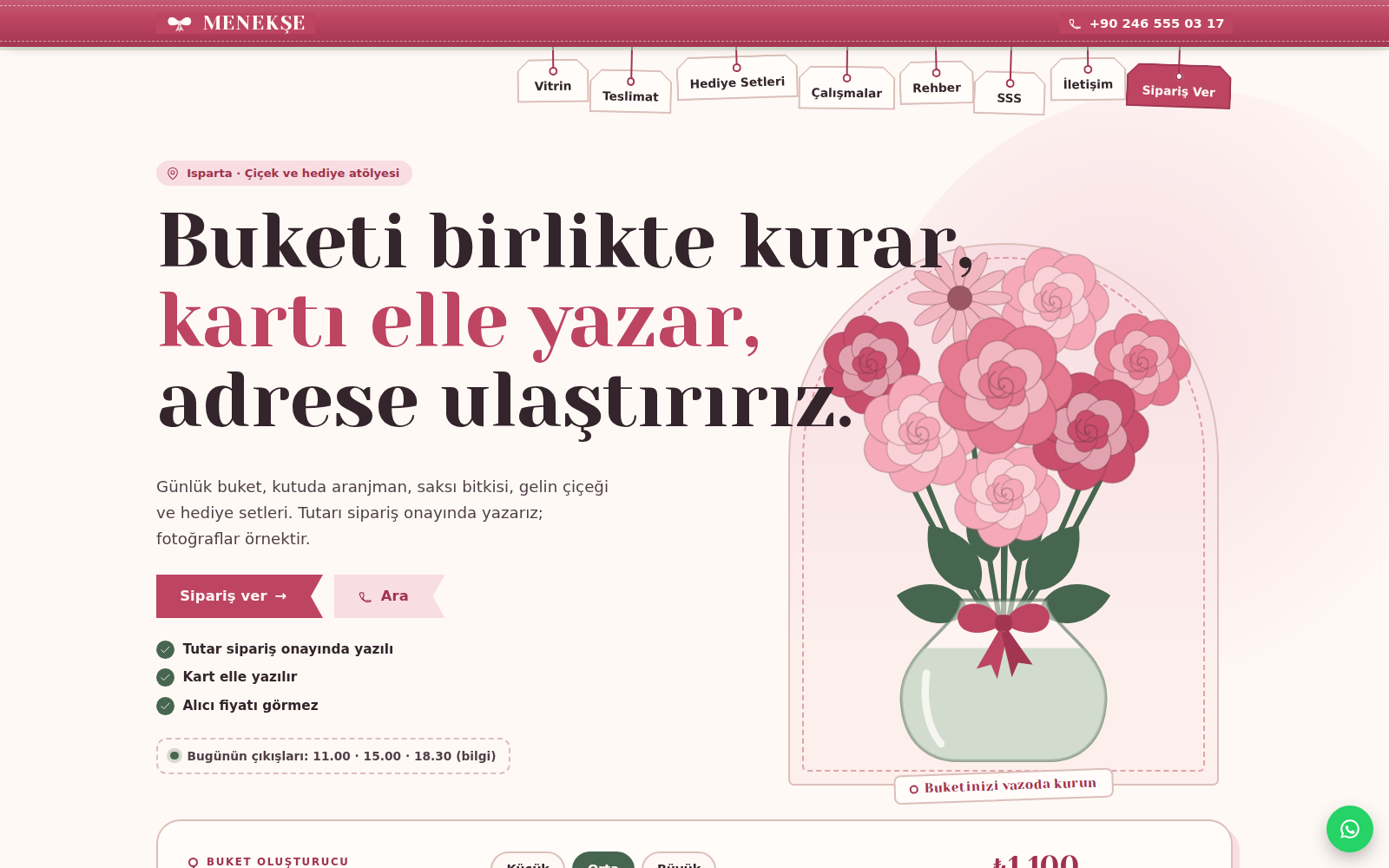 Demet teması ana sayfası: krem zeminde Yeseva One başlık, kemerli vazoda büyüyen buket ve kurdeleden sarkan hediye etiketi menü.