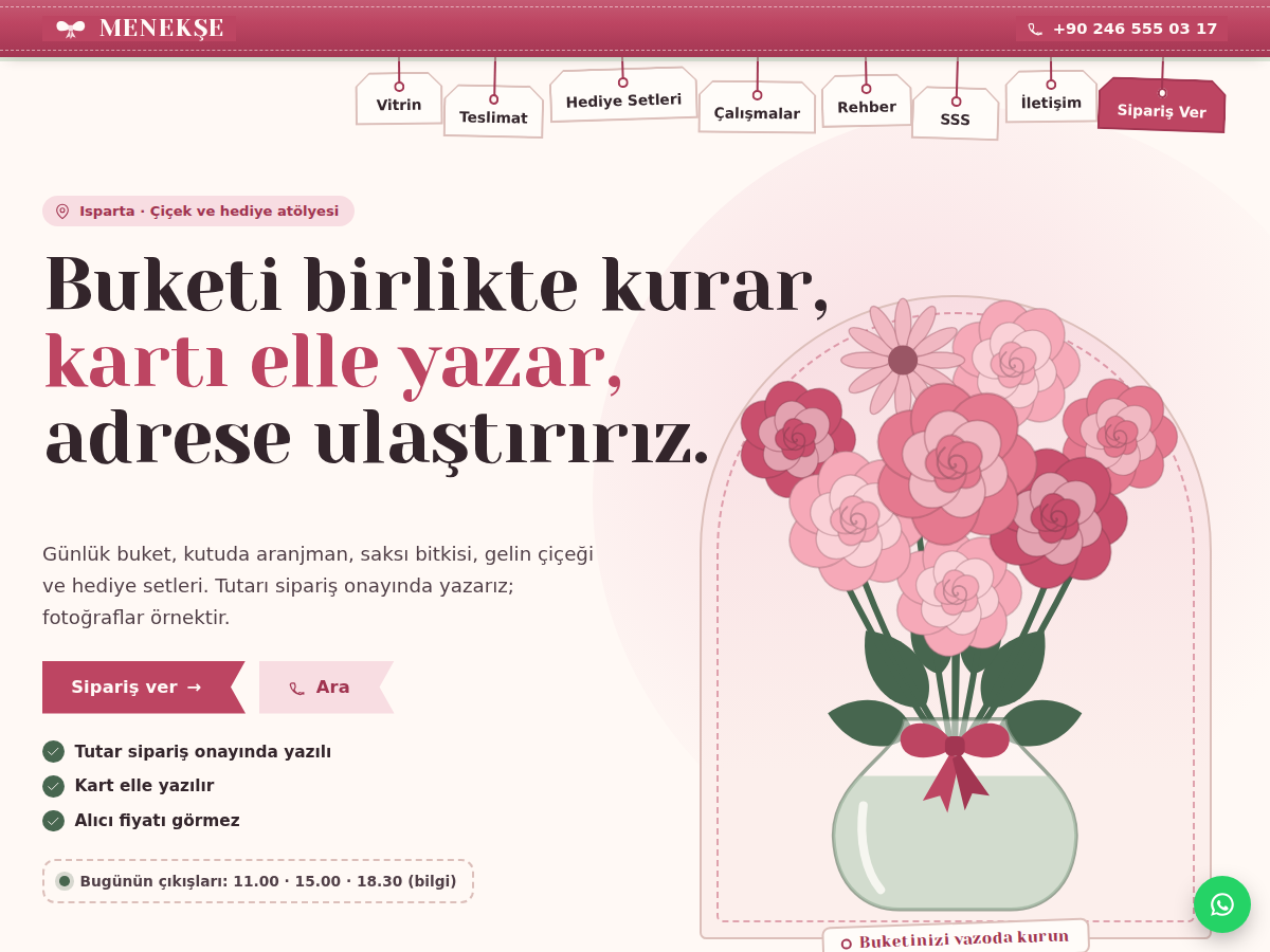 Demet teması ana sayfası: krem zeminde Yeseva One başlık, kemerli vazoda büyüyen buket ve kurdeleden sarkan hediye etiketi menü.
