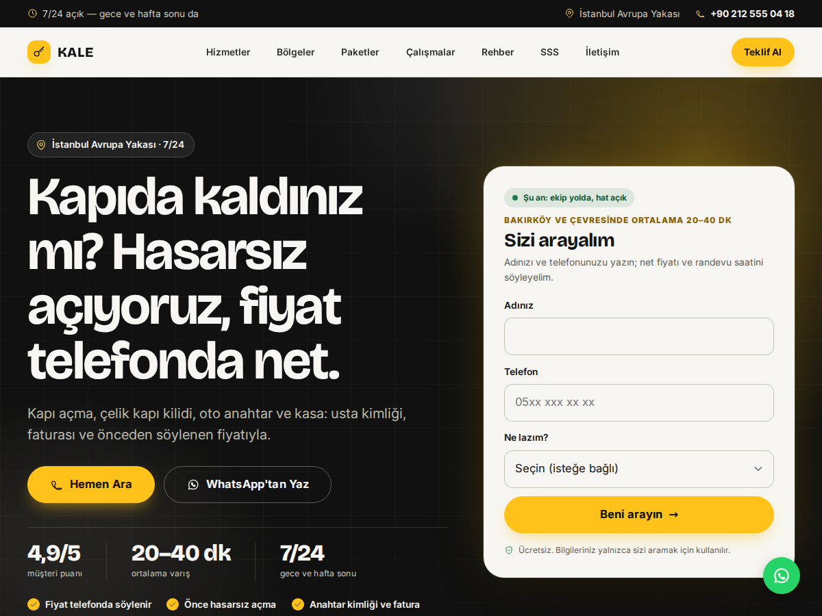 Anahtar teması ana sayfası: siyah-amber zeminde “Kapıda kaldınız mı?” başlığı, güven rozetleri ve arama düğmesi.