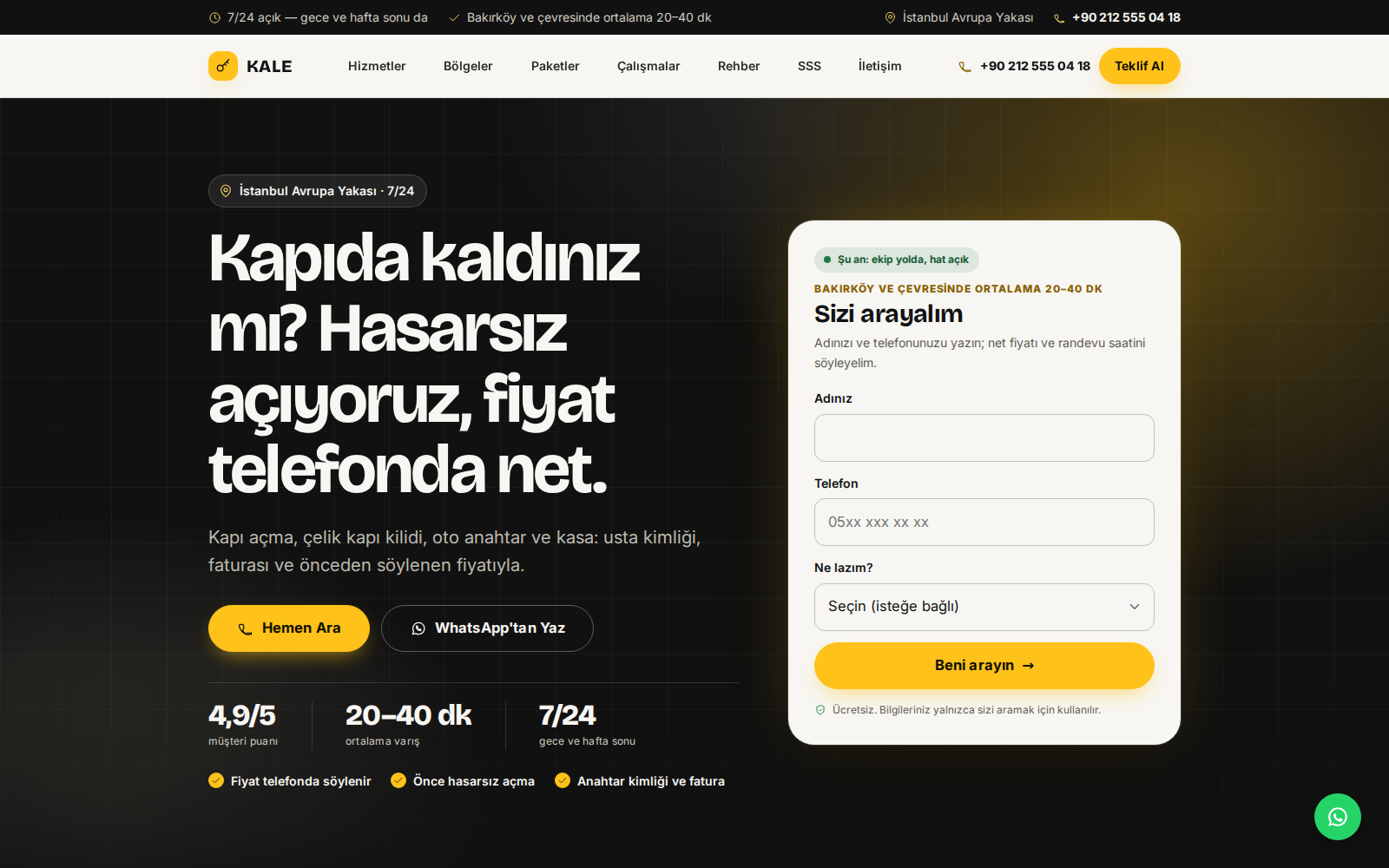 Anahtar teması ana sayfası: siyah-amber zeminde “Kapıda kaldınız mı?” başlığı, güven rozetleri ve arama düğmesi.