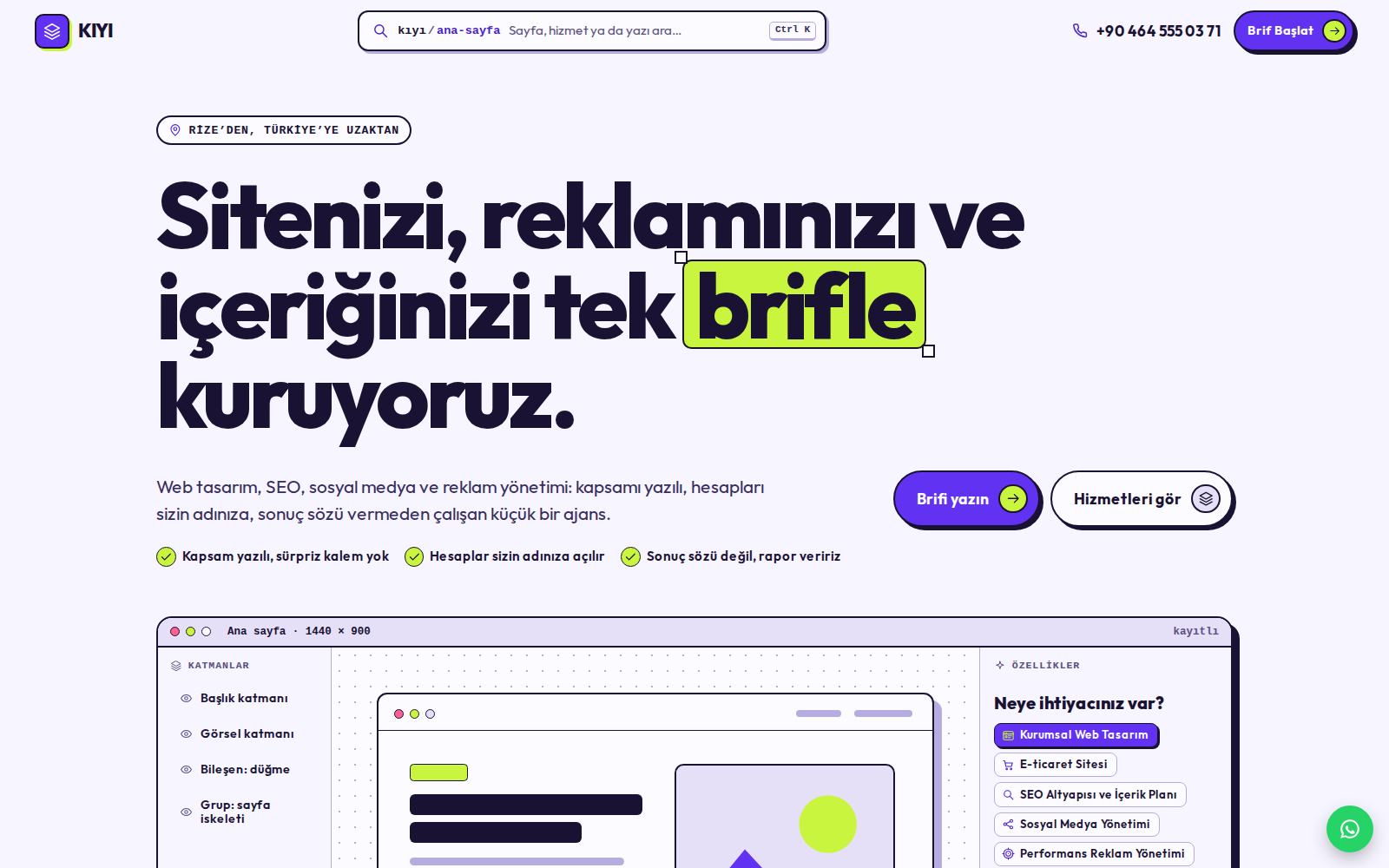 Piksel teması ana sayfası: açık lavanta zeminde büyük mor başlık, altında tasarım aracı arayüzü gibi katman paneli, noktalı sanat tahtası ve bileşen yerleştiren imleç.
