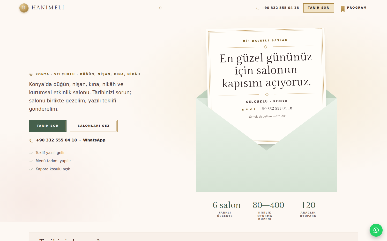Davet teması ana sayfası: pudra zeminde Gilda Display başlık, açılan zarf ve yükselen davetiye kartı, altında tarih sorgusu şeridi.