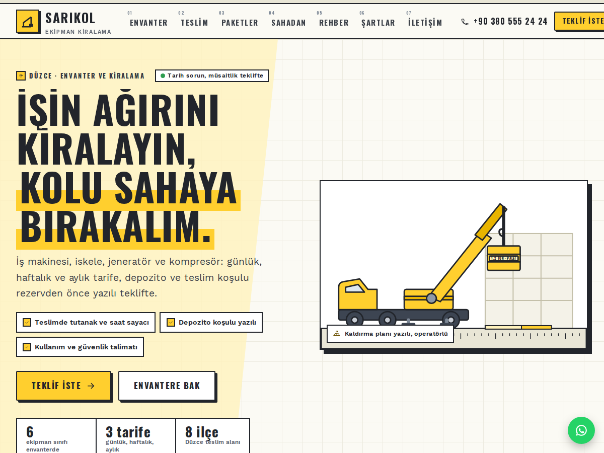 Kiralık teması ana sayfası: açık krem zeminde “İşin ağırını kiralayın, kolu sahaya bırakalım.” başlığı, yük kaldıran bir vinç kolu ve altında kiralama süresi çubuğu.