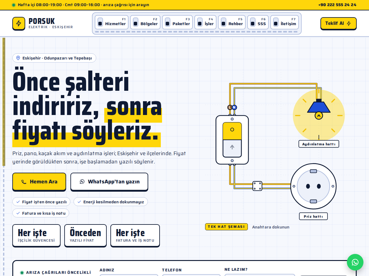Volt teması ana sayfası: açık zeminde “Önce şalteri indiririz, sonra fiyatı söyleriz.” başlığı, yanında yanan lambalı anahtar ve priz şeması, üstte şalter çubuğu menü.