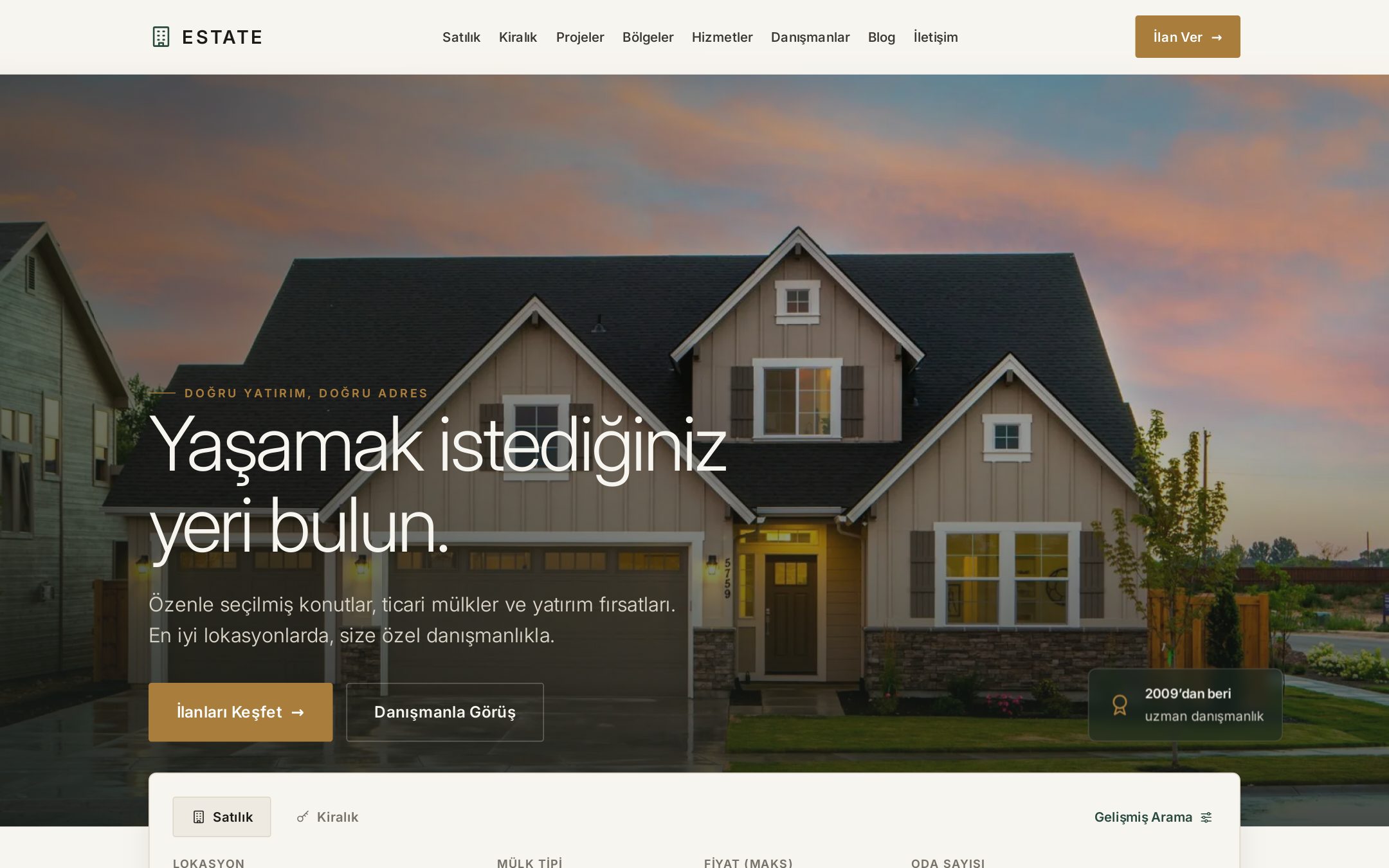 Emlak tasarımının ana sayfası: “Yaşamak istediğiniz yeri bulun.” başlığı ve müstakil ev fotoğrafı