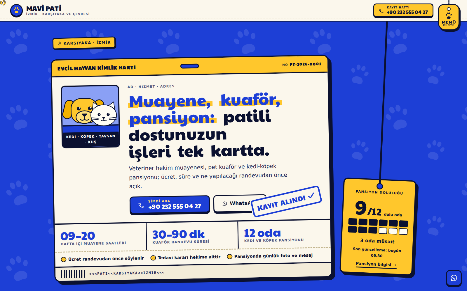Pati teması ana sayfası: kobalt zeminde evcil hayvan kimlik kartı biçiminde hero, sarı kayıt damgası ve randevu fişi.