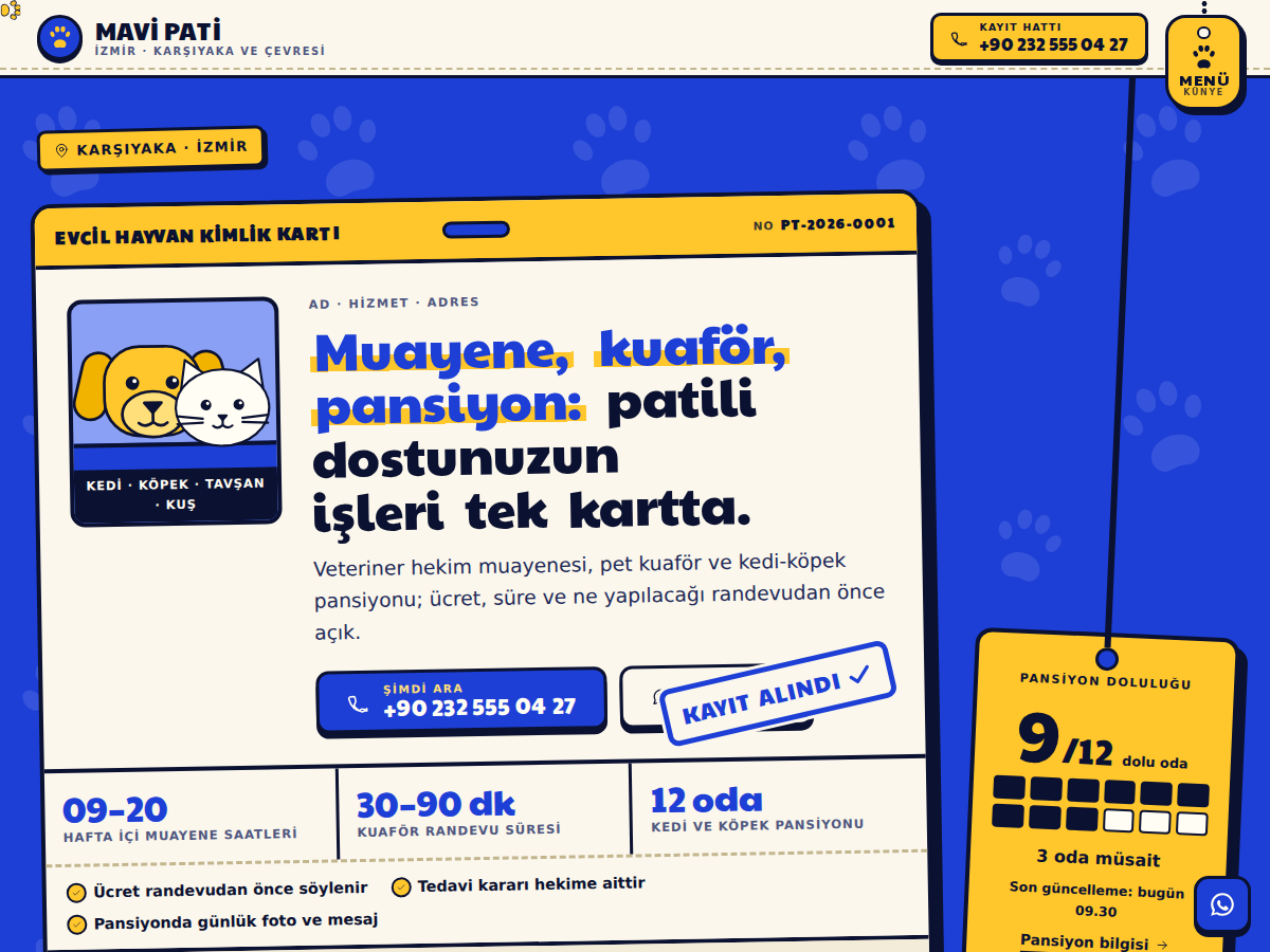 Pati teması ana sayfası: kobalt zeminde evcil hayvan kimlik kartı biçiminde hero, sarı kayıt damgası ve randevu fişi.