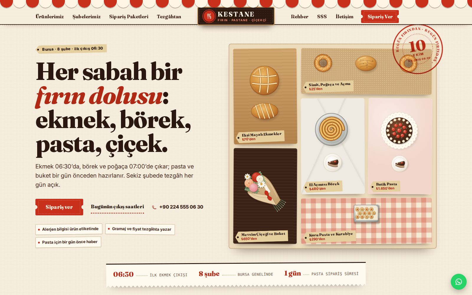 Tezgâh teması ana sayfası: krem zeminde üstten bakılan fırın tezgâhı, ekmek, simit, pasta ve buket kartları ve “bugün fırından” tarih damgası.