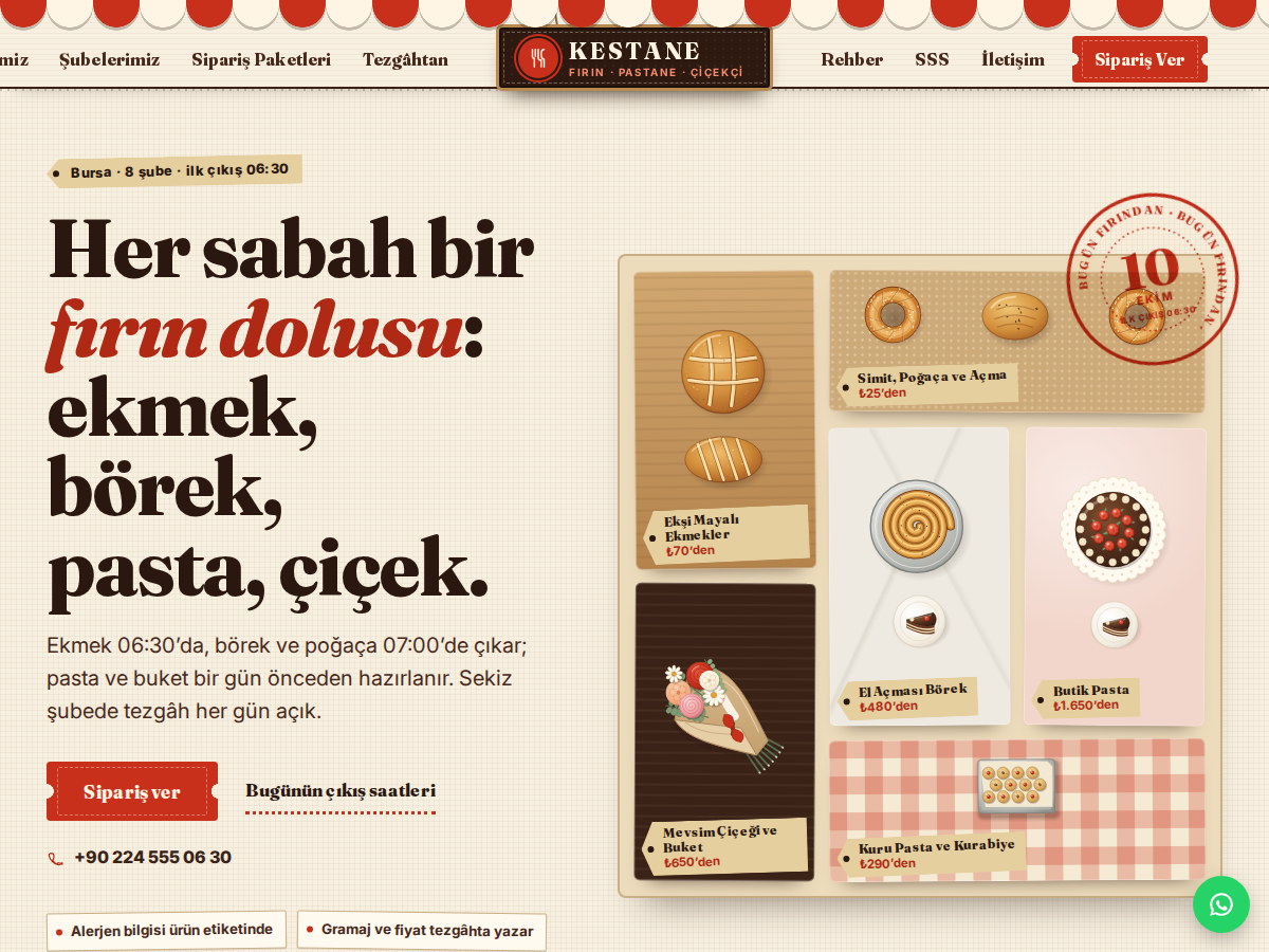 Tezgâh teması ana sayfası: krem zeminde üstten bakılan fırın tezgâhı, ekmek, simit, pasta ve buket kartları ve “bugün fırından” tarih damgası.