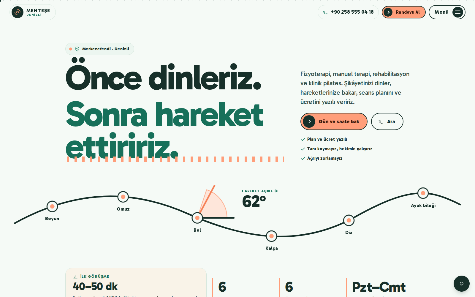 Hareket teması ana sayfası: açık nane zeminde çizilen hareket yayı, eklem noktaları ve “Önce dinleriz. Sonra hareket ettiririz.” başlığı.