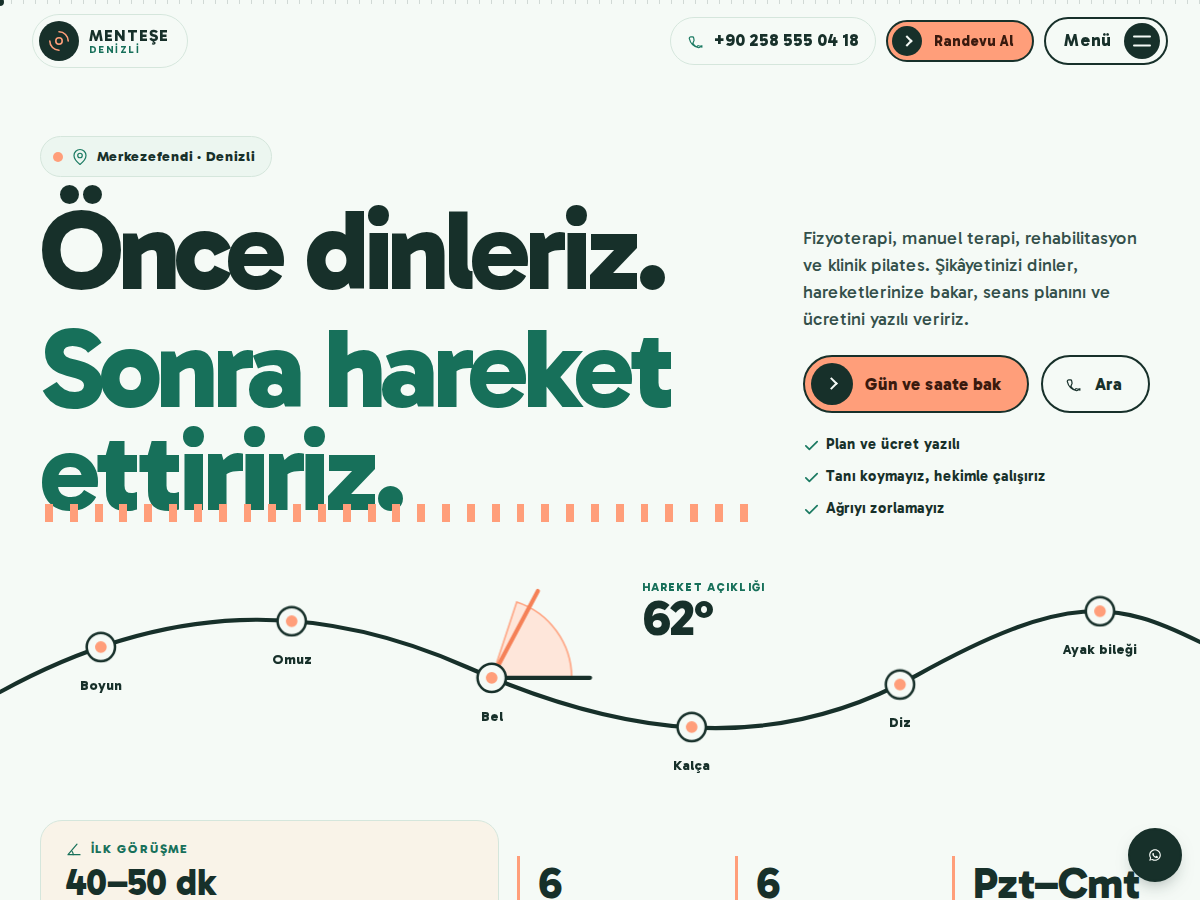 Hareket teması ana sayfası: açık nane zeminde çizilen hareket yayı, eklem noktaları ve “Önce dinleriz. Sonra hareket ettiririz.” başlığı.