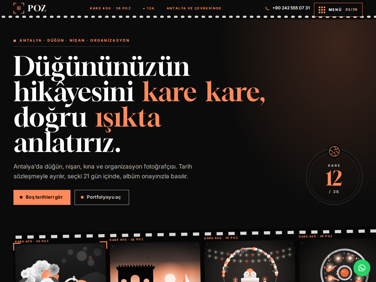 Kare teması ana sayfası: siyah zeminde Gloock başlık, yatay kayan film şeridi kareleri ve şeftali renkli deklanşör sayacı.