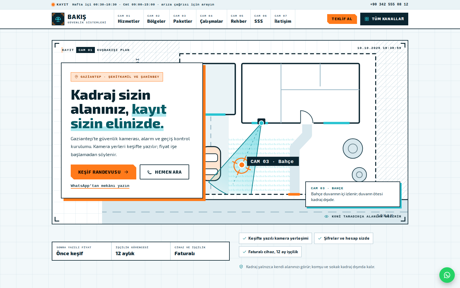 Gözcü teması ana sayfası: açık zeminde “Kadraj sizin alanınız, kayıt sizin elinizde.” başlığı, kuşbakışı planda tarayan kamera görüş konisi ve üstte kanal seçici menü.
