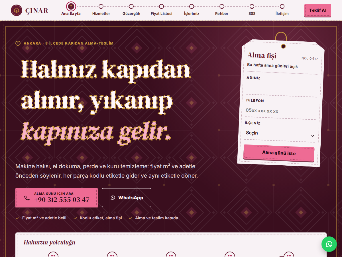 Lavanta teması ana sayfası: bordo dokuma halı desenli zeminde dikişle çizilmiş başlık ve alma-teslim zaman çizelgesi.