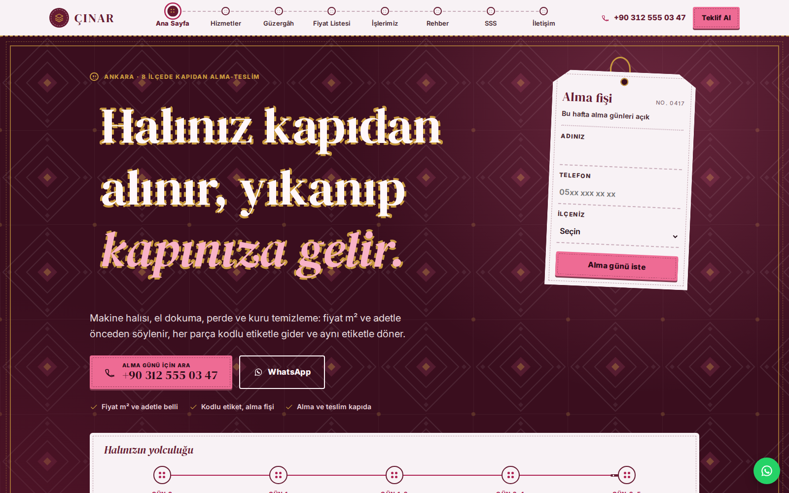 Lavanta teması ana sayfası: bordo dokuma halı desenli zeminde dikişle çizilmiş başlık ve alma-teslim zaman çizelgesi.