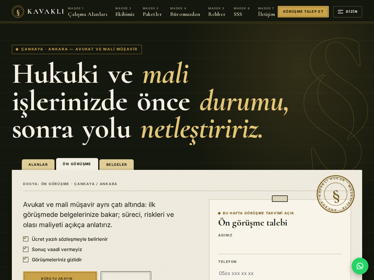 Kanun teması ana sayfası: koyu zeytin zeminde serif başlık, pirinç mühür damgalı kâğıt sekmeli dosya kapağı ve ön görüşme formu.
