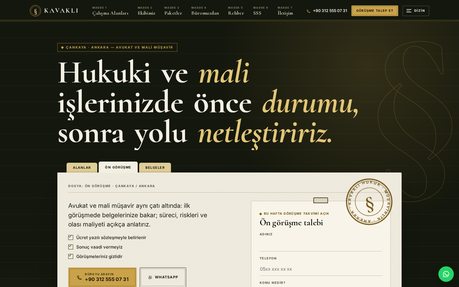 Kanun teması ana sayfası: koyu zeytin zeminde serif başlık, pirinç mühür damgalı kâğıt sekmeli dosya kapağı ve ön görüşme formu.