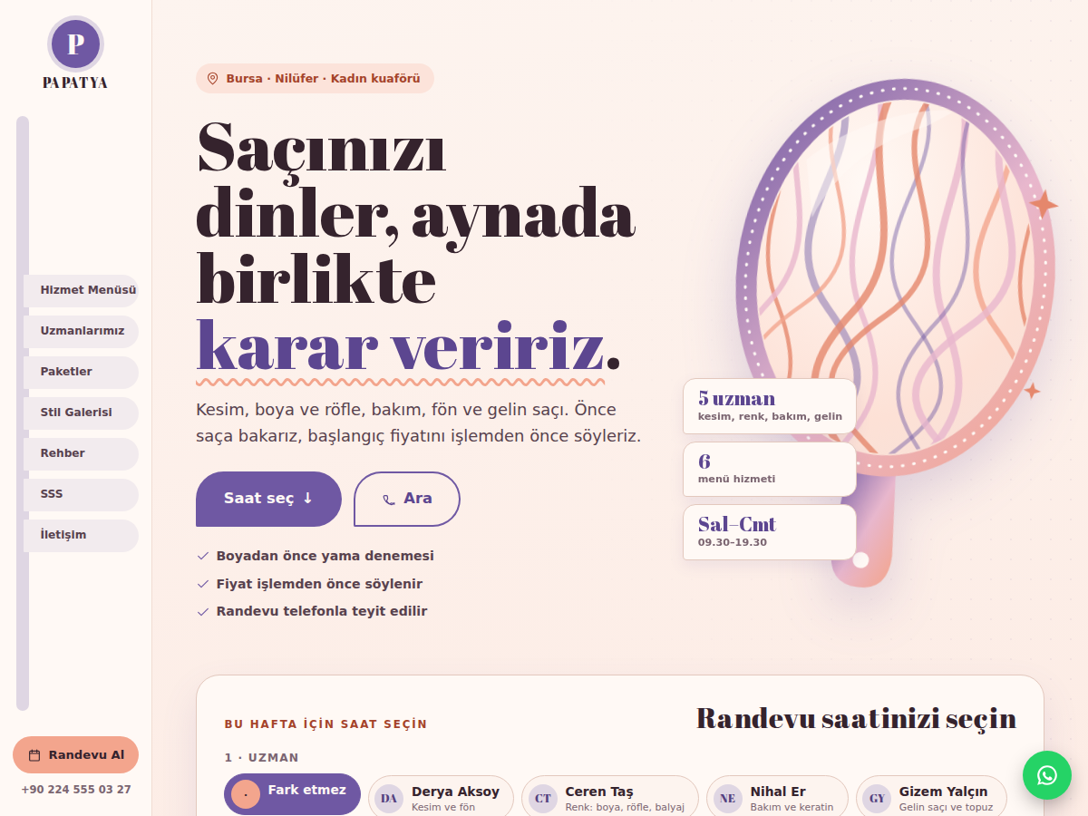 Fön teması ana sayfası: şeftali zeminde Abril Fatface başlık, oval el aynasında akan saç telleri ve altında uzman seçimli randevu slotları.