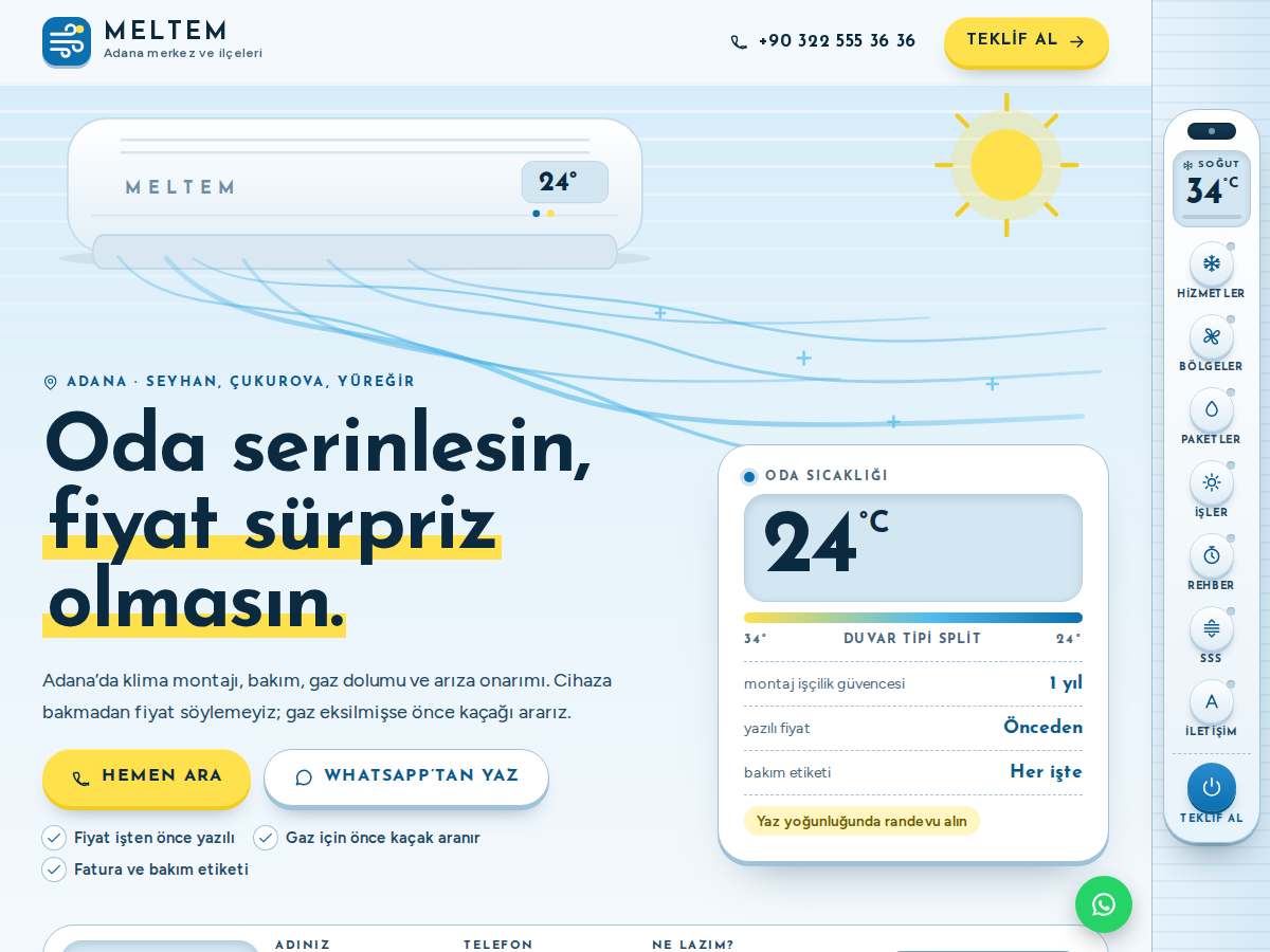 Esinti teması ana sayfası: açık gök mavisi zeminde “Oda serinlesin, fiyat sürpriz olmasın.” başlığı, üstte duvar tipi klima ve akan hava çizgileri, sağ kenarda uzaktan kumanda menüsü.