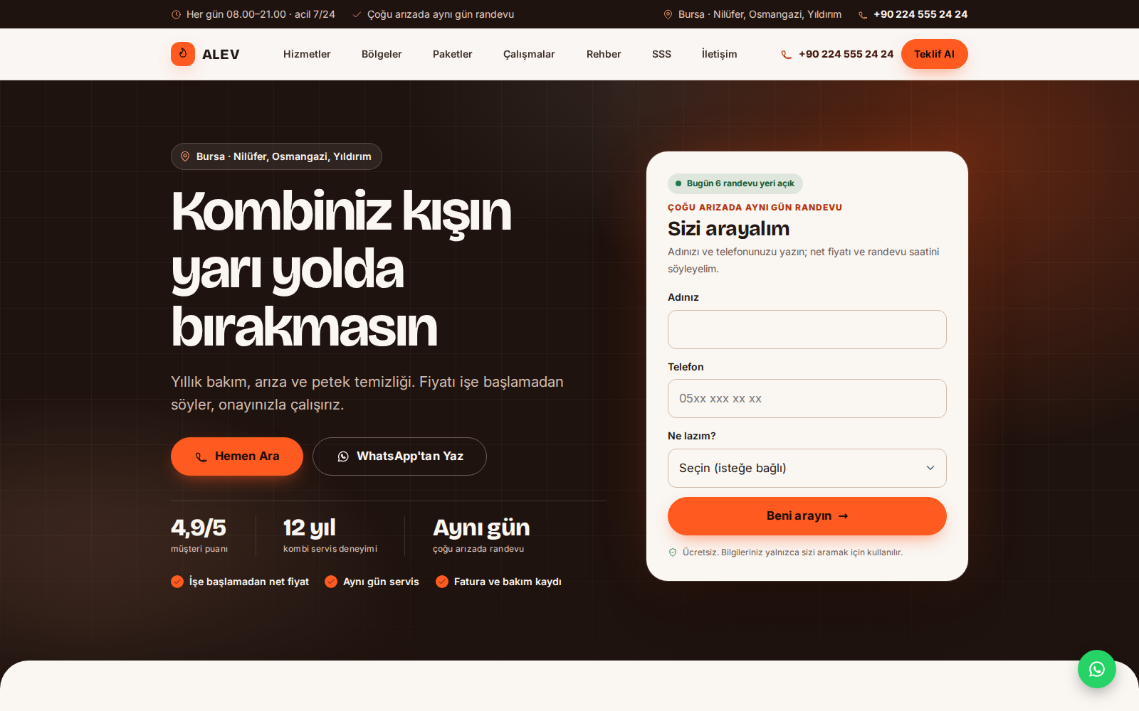 Alev teması ana sayfası: koyu sıcak arka plan üzerinde kombi illüstrasyonu, alev vurgusu ve net fiyat vurgulu başlık.