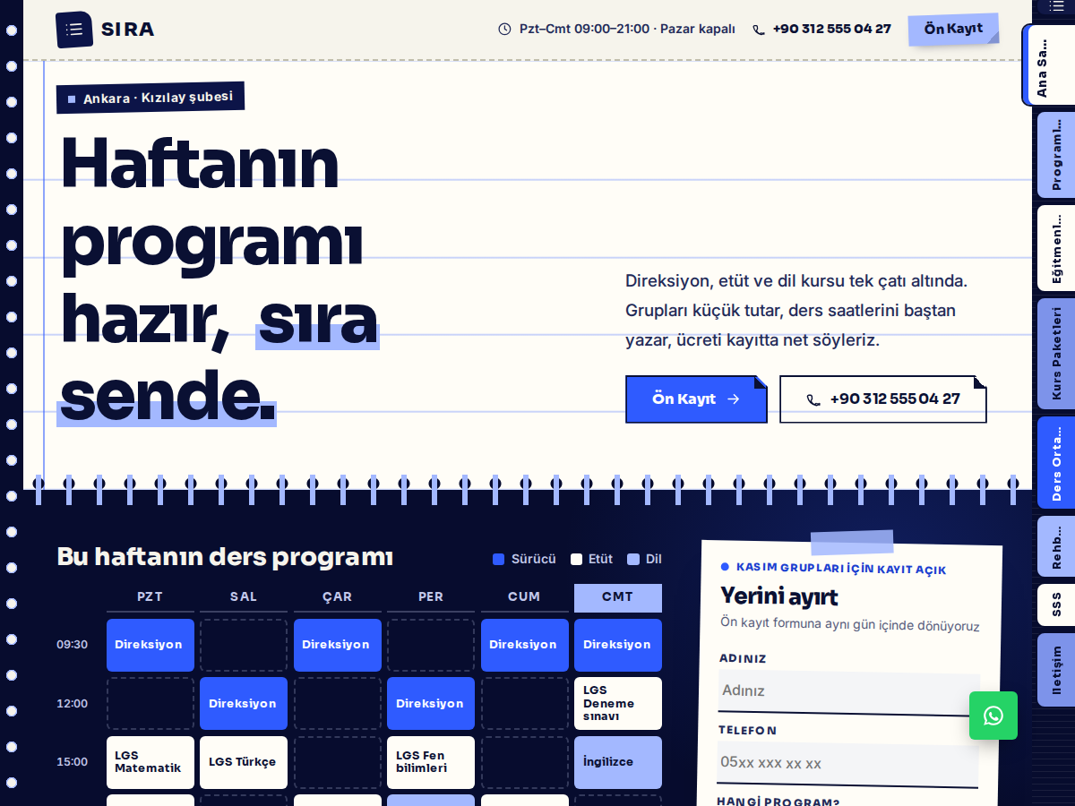 Sıra teması ana sayfası: lacivert zeminde haftalık ders programı ızgarası dolarken defter satırlarına yazılmış “Haftanın programı hazır, sıra sende.” başlığı.