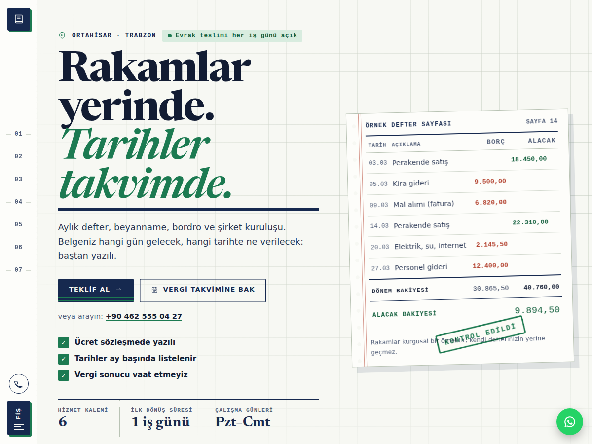 Defter teması ana sayfası: kâğıt beyazı zeminde mürekkep lacivert serif başlık, satır satır dolan borç-alacak defter sayfası ve yandaki dikey fiş şeridi menü.