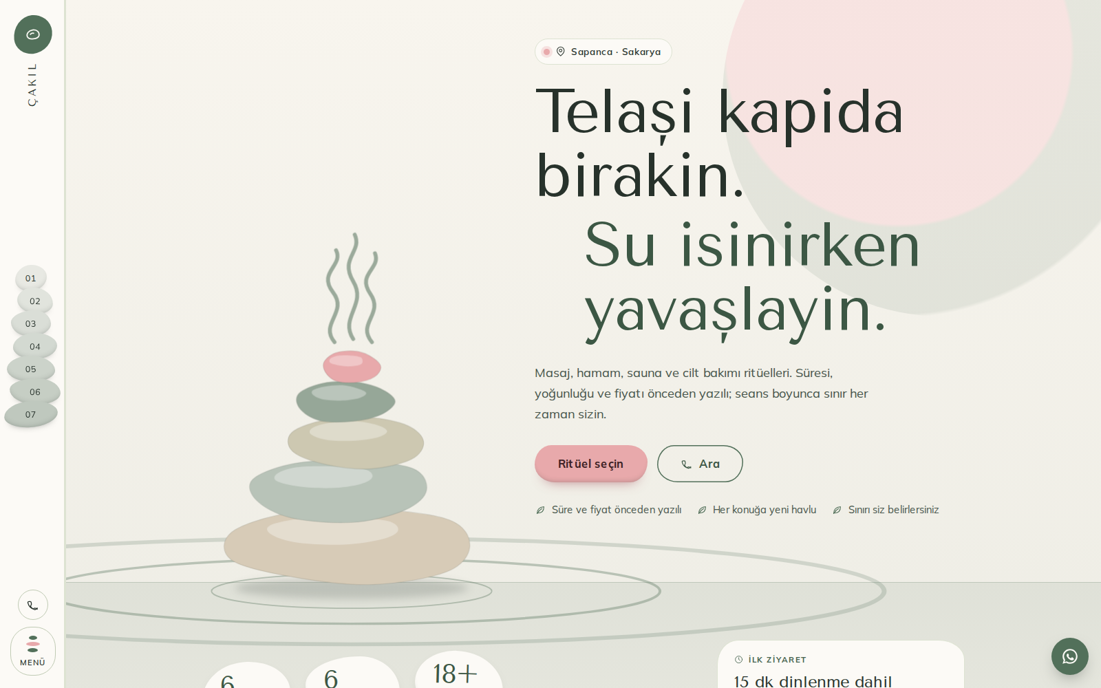 Dinginlik teması ana sayfası: açık bej zeminde dengede duran çakıl taşları, yükselen buhar çizgileri ve “Telaşı kapıda bırakın.” başlığı.