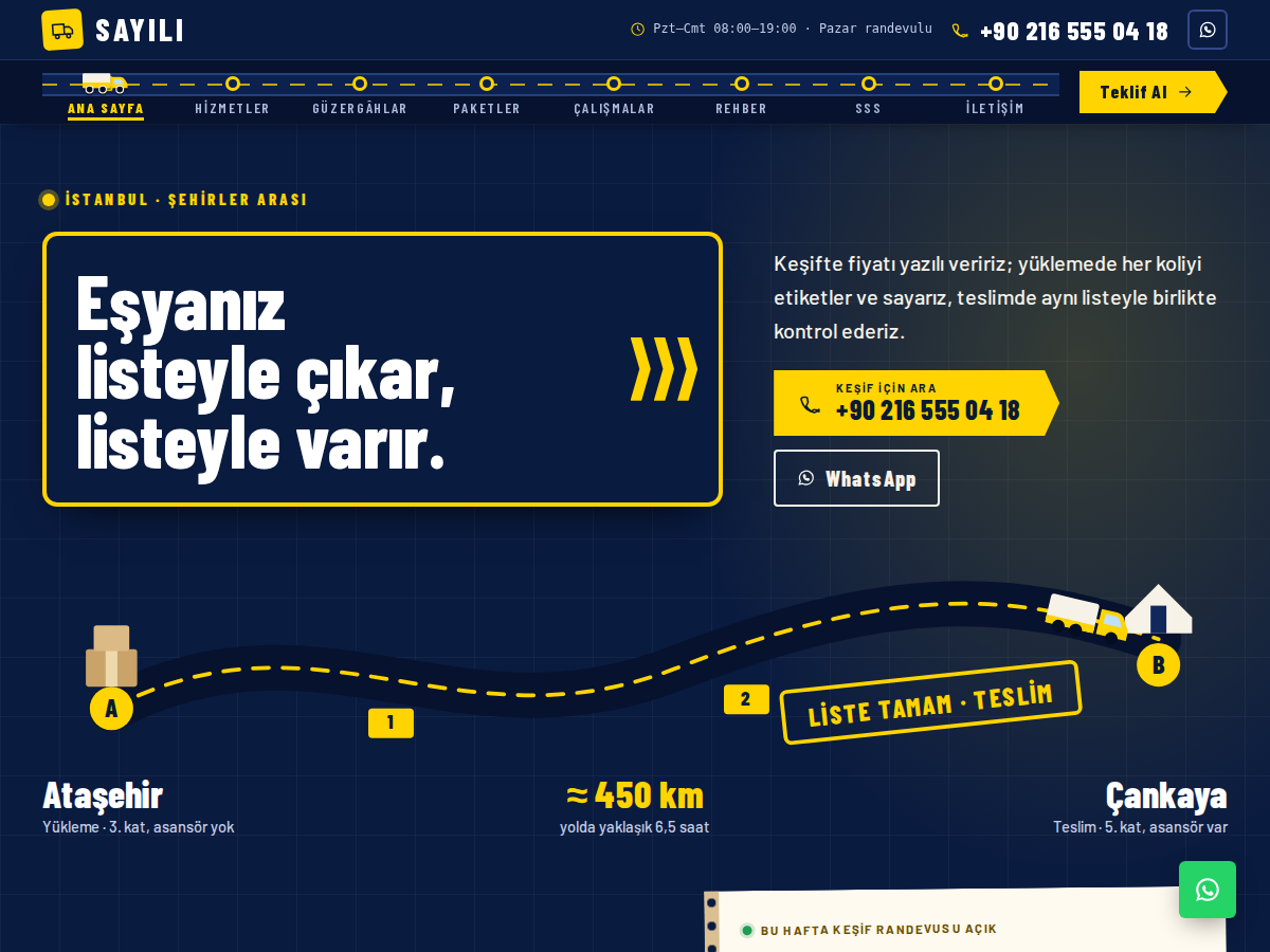 Koli teması ana sayfası: lacivert zeminde yol tabelası biçiminde “Eşyanız listeyle çıkar, listeyle varır.” başlığı, A’dan B’ye giden yol ve hareket eden kamyon.