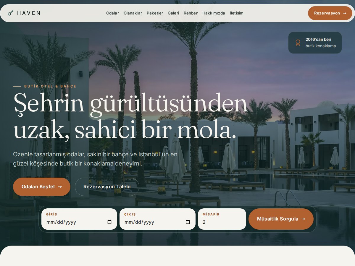 Otel tasarımının ana sayfası: “Şehrin gürültüsünden uzak, sahici bir mola.” başlıklı butik otel sitesi