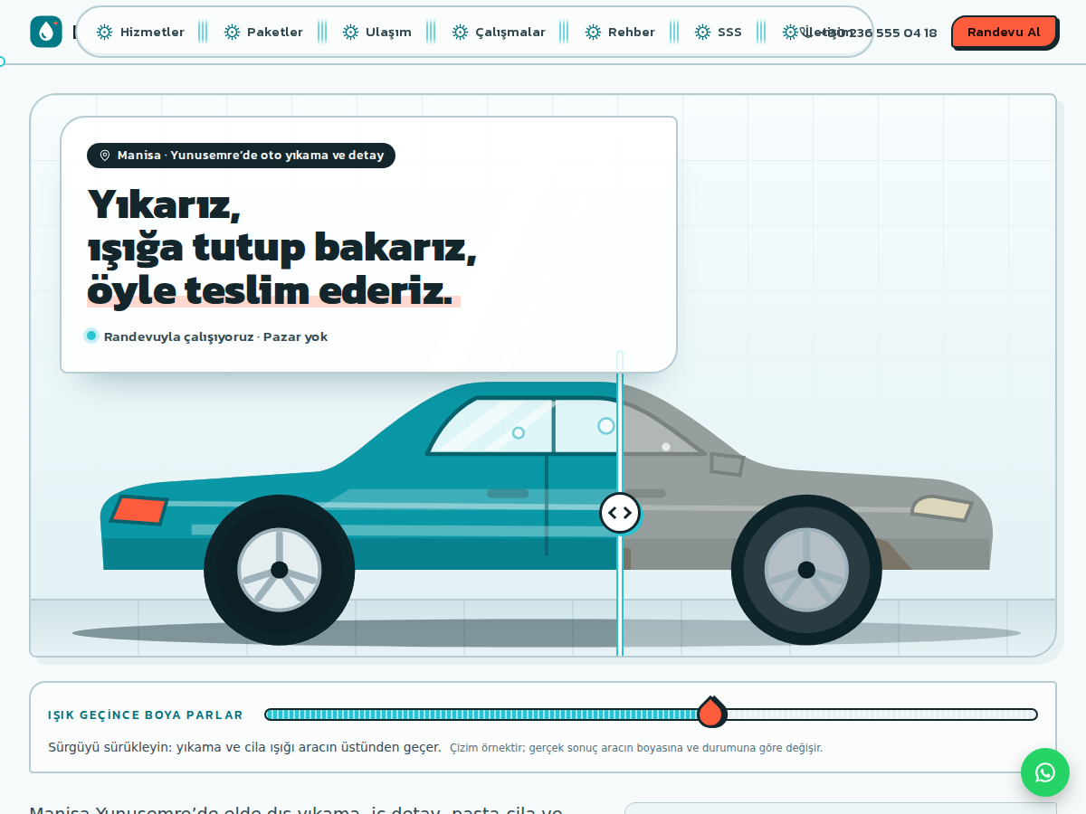 Cila teması ana sayfası: beyaz zeminde sedan çizimi, sürgüyle kirliden parlağa geçen boya ve “Yıkarız, ışığa tutup bakarız, öyle teslim ederiz.” başlığı.