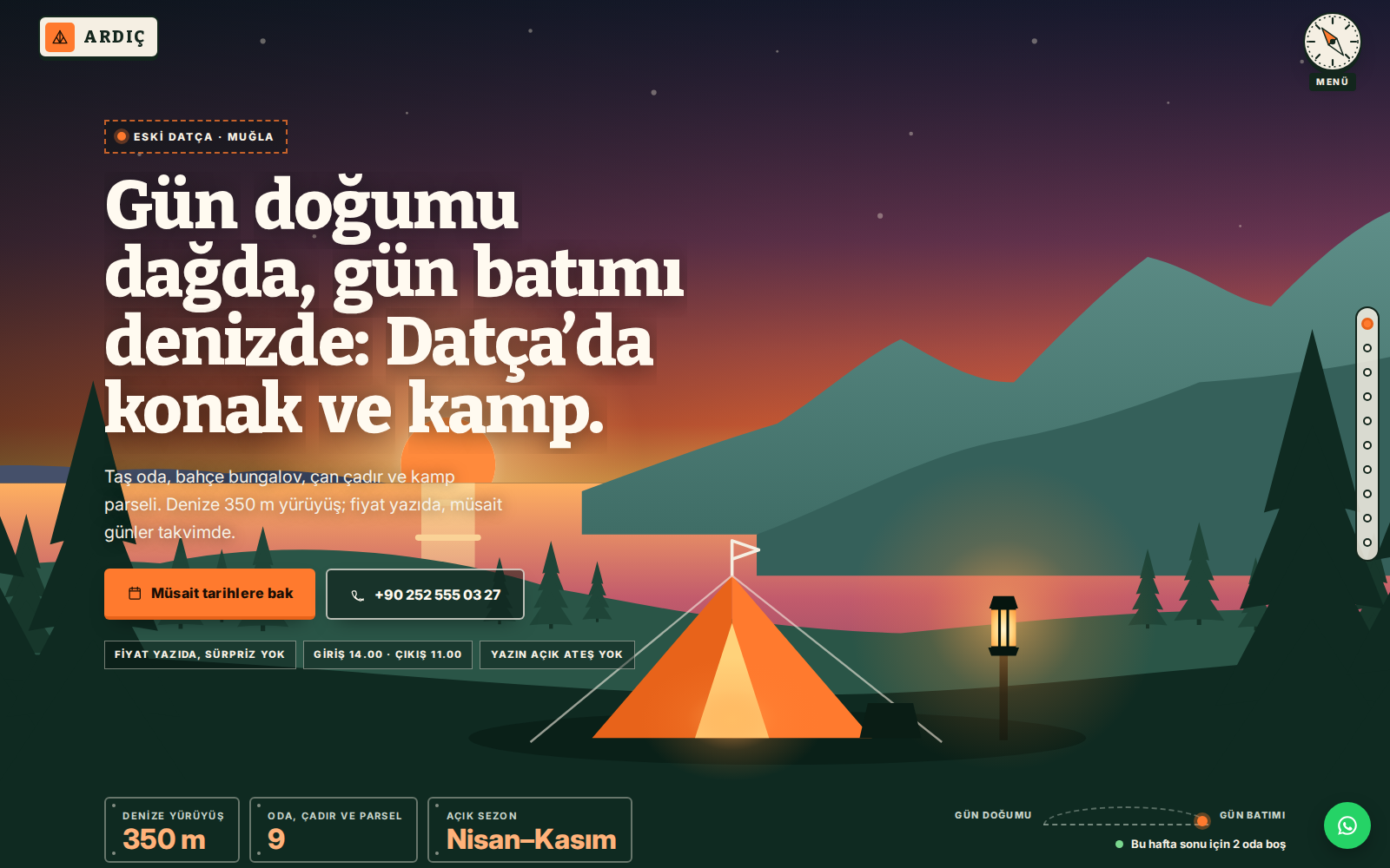 Konak teması ana sayfası: gün batımı renginde dağ ve deniz silüeti, “Gün doğumu dağda, gün batımı denizde” başlığı ve müsait tarihlere bak düğmesi.