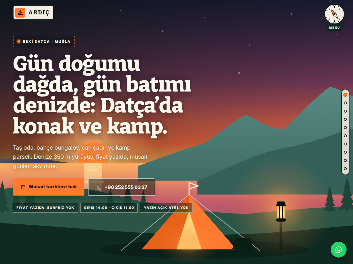 Konak teması ana sayfası: gün batımı renginde dağ ve deniz silüeti, “Gün doğumu dağda, gün batımı denizde” başlığı ve müsait tarihlere bak düğmesi.