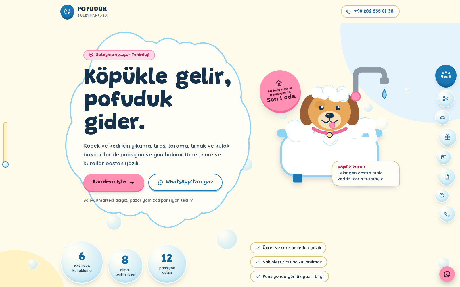Tüy teması ana sayfası: açık limon zeminde köpük bulutu içinde "Köpükle gelir, pofuduk gider." başlığı, yükselen sabun köpüğü baloncukları ve küvette köpüklü bir köpek çizimi.