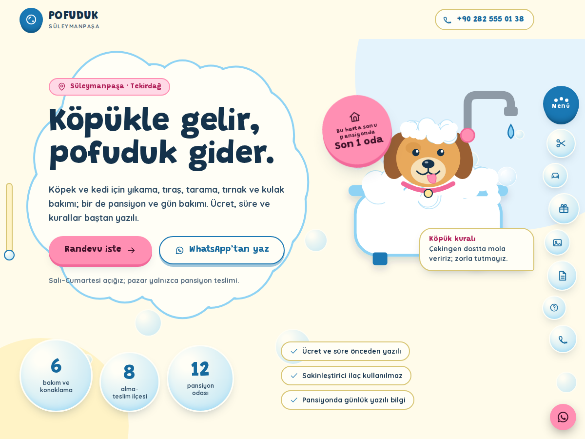 Tüy teması ana sayfası: açık limon zeminde köpük bulutu içinde "Köpükle gelir, pofuduk gider." başlığı, yükselen sabun köpüğü baloncukları ve küvette köpüklü bir köpek çizimi.