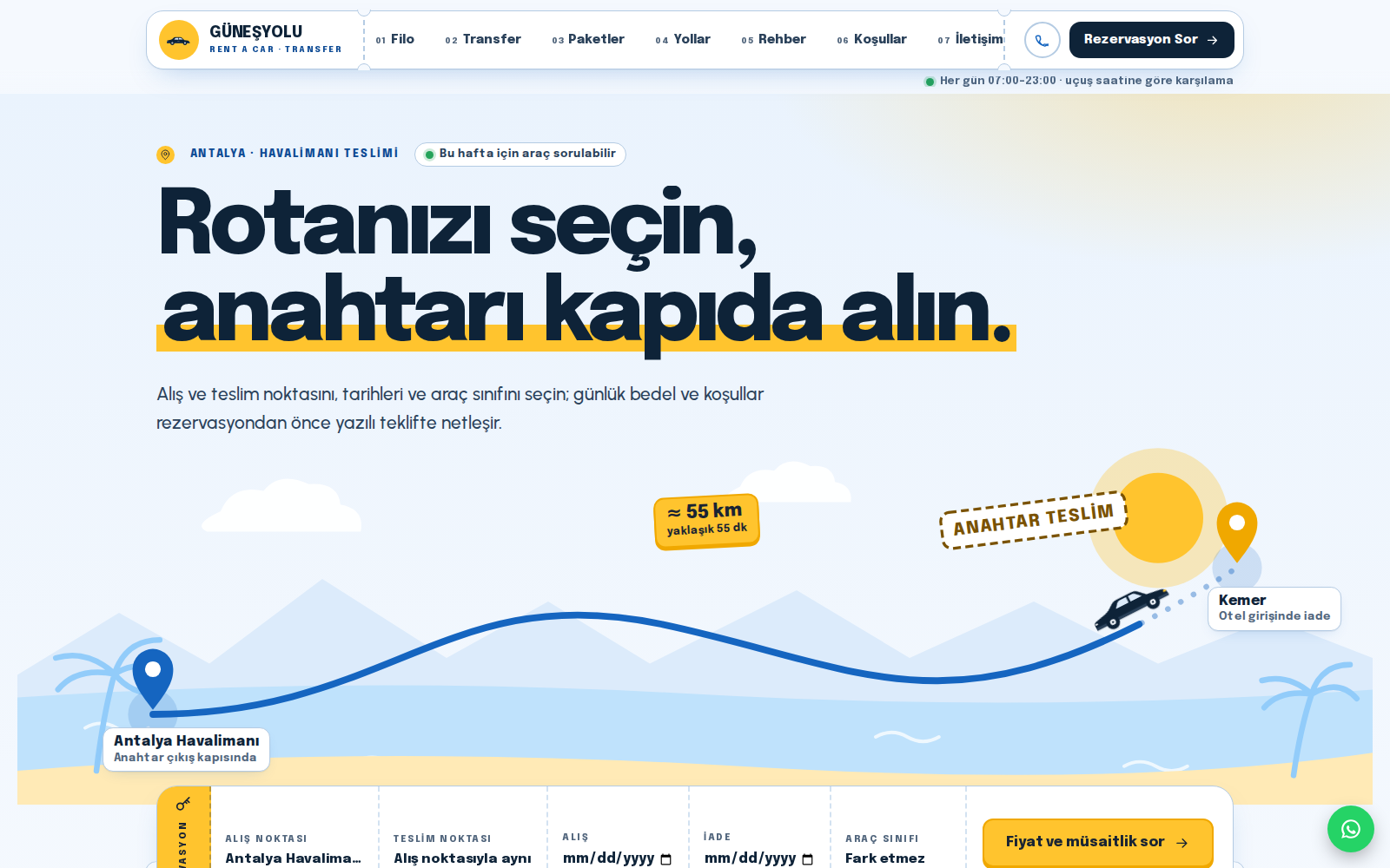 Rota teması ana sayfası: açık gökyüzü zemininde “Rotanızı seçin, anahtarı kapıda alın.” başlığı, Antalya Havalimanı’ndan Kemer’e giden rota ve altında rezervasyon şeridi.