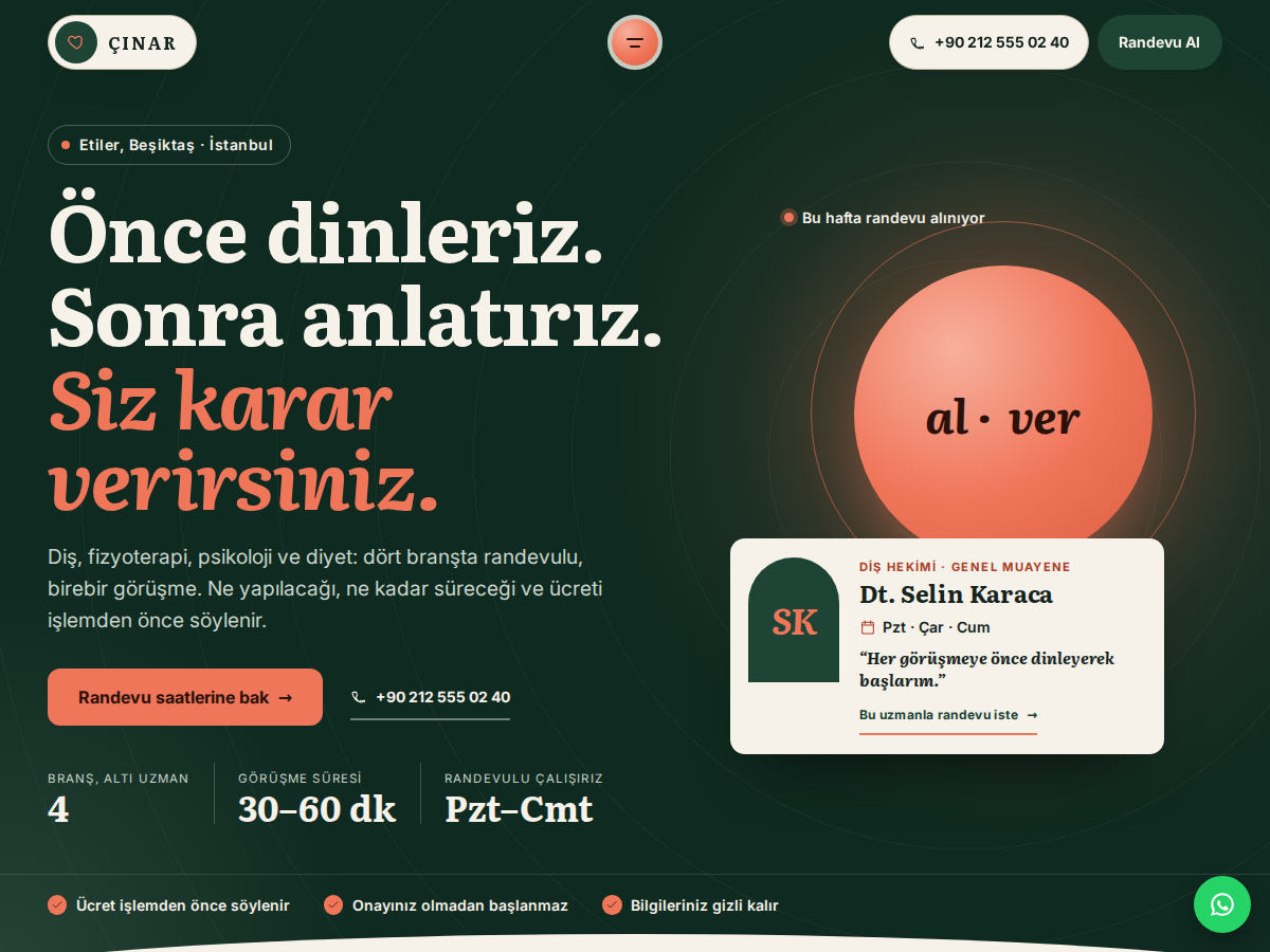 Nefes teması ana sayfası: koyu orman yeşili zeminde krem rengi dev serif başlık, nefes alıp veren mercan daire ve monogramlı uzman kartı.