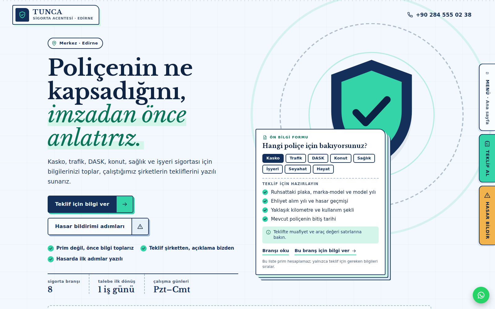 Güvence teması ana sayfası: açık gökyüzü zeminde lacivert serif başlık, halkalar yayan koruma kalkanı ve içinde teklif için hazırlanacak bilgi listesi olan poliçe kartı; sağ kenarda dikme sekmeler.