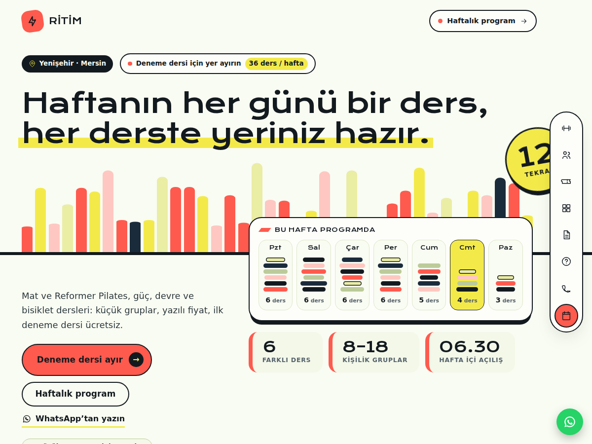 Tempo teması ana sayfası: hareket eden ritim çubukları üzerinde “Haftanın her günü bir ders” başlığı, haftalık ders şeridi ve deneme dersi düğmesi.