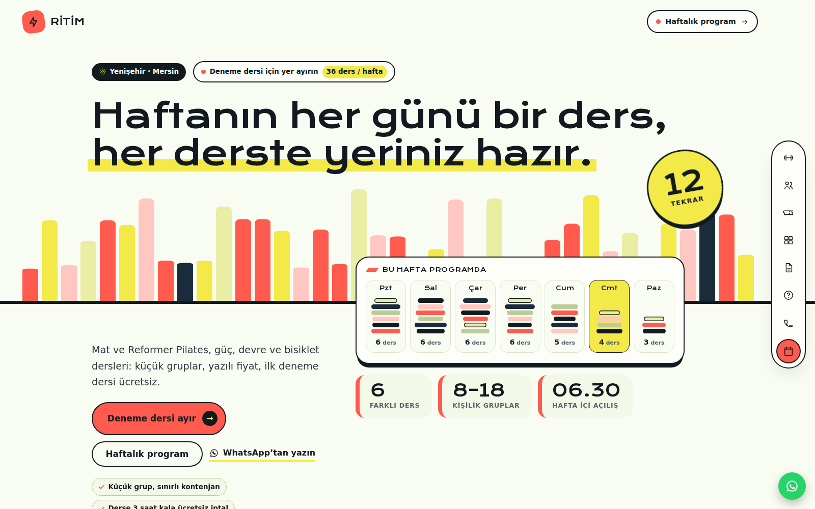 Tempo teması ana sayfası: hareket eden ritim çubukları üzerinde “Haftanın her günü bir ders” başlığı, haftalık ders şeridi ve deneme dersi düğmesi.