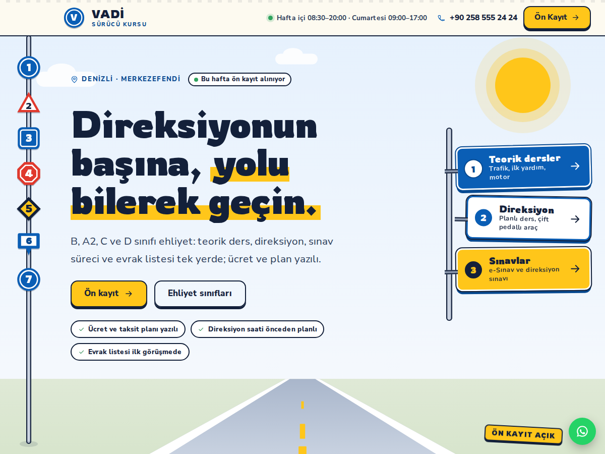 Direksiyon teması ana sayfası: krem zeminde “Direksiyonun başına, yolu bilerek geçin.” başlığı, perspektifli yol ve mavi yön tabelası.