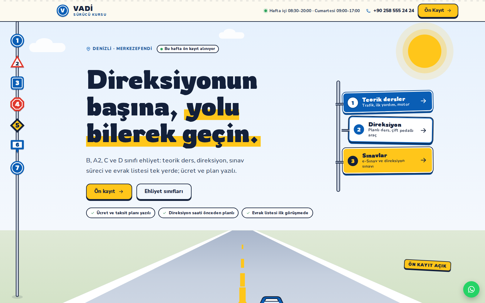 Direksiyon teması ana sayfası: krem zeminde “Direksiyonun başına, yolu bilerek geçin.” başlığı, perspektifli yol ve mavi yön tabelası.