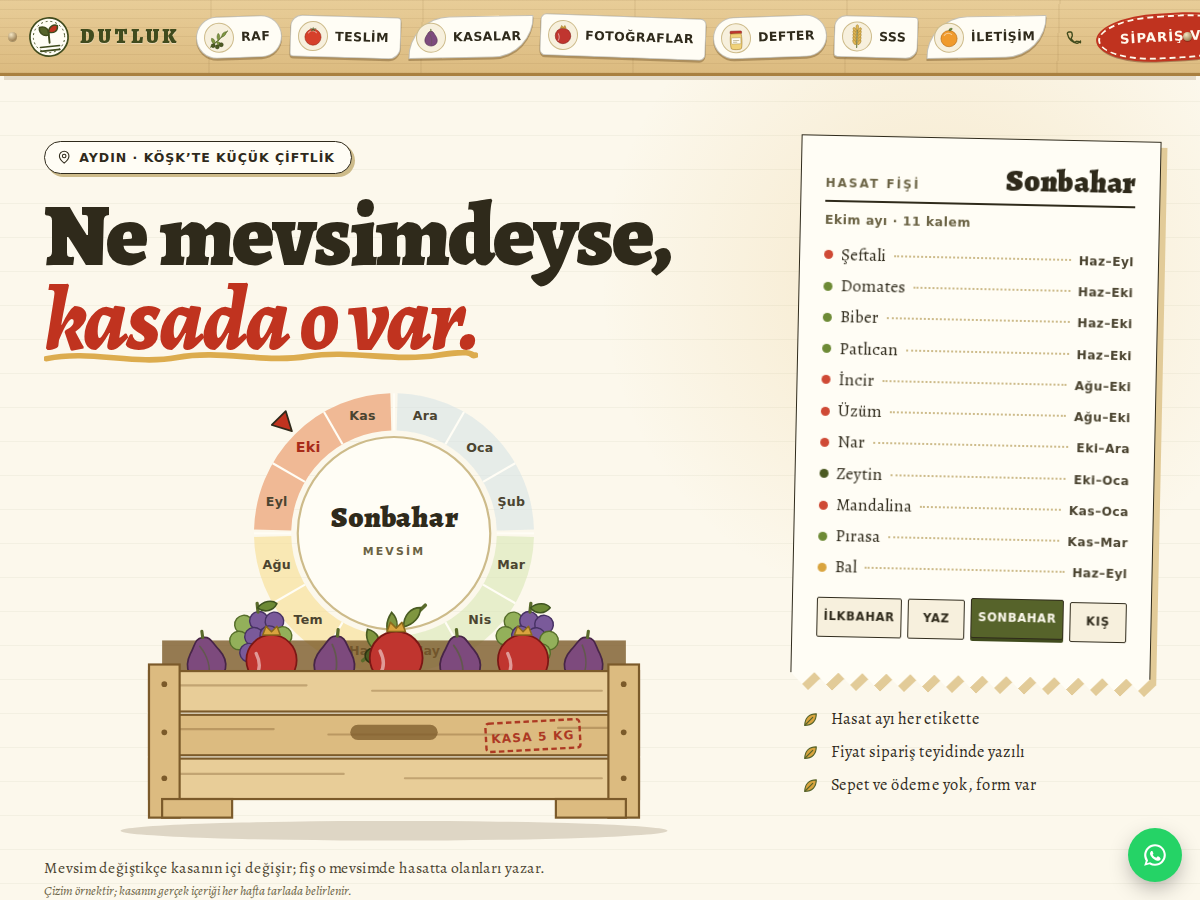 Hasat teması ana sayfası: ahşap kasada mevsim ürünleri, çevresinde mevsim halkası ve “Ne mevsimdeyse, kasada o var.” başlığı