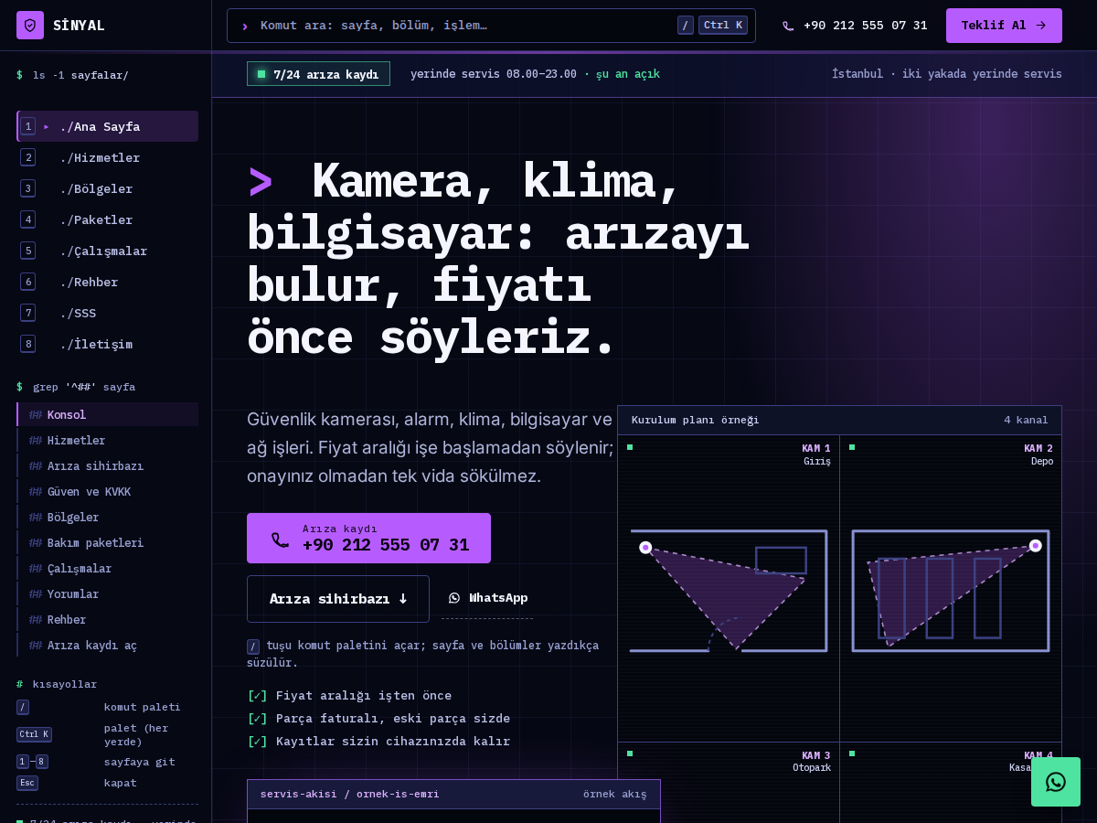 Devre teması ana sayfası: gece mavisi servis konsolunda adım adım log akışı, kamera yerleşim ızgarası ve neon mor çağrı düğmesi.