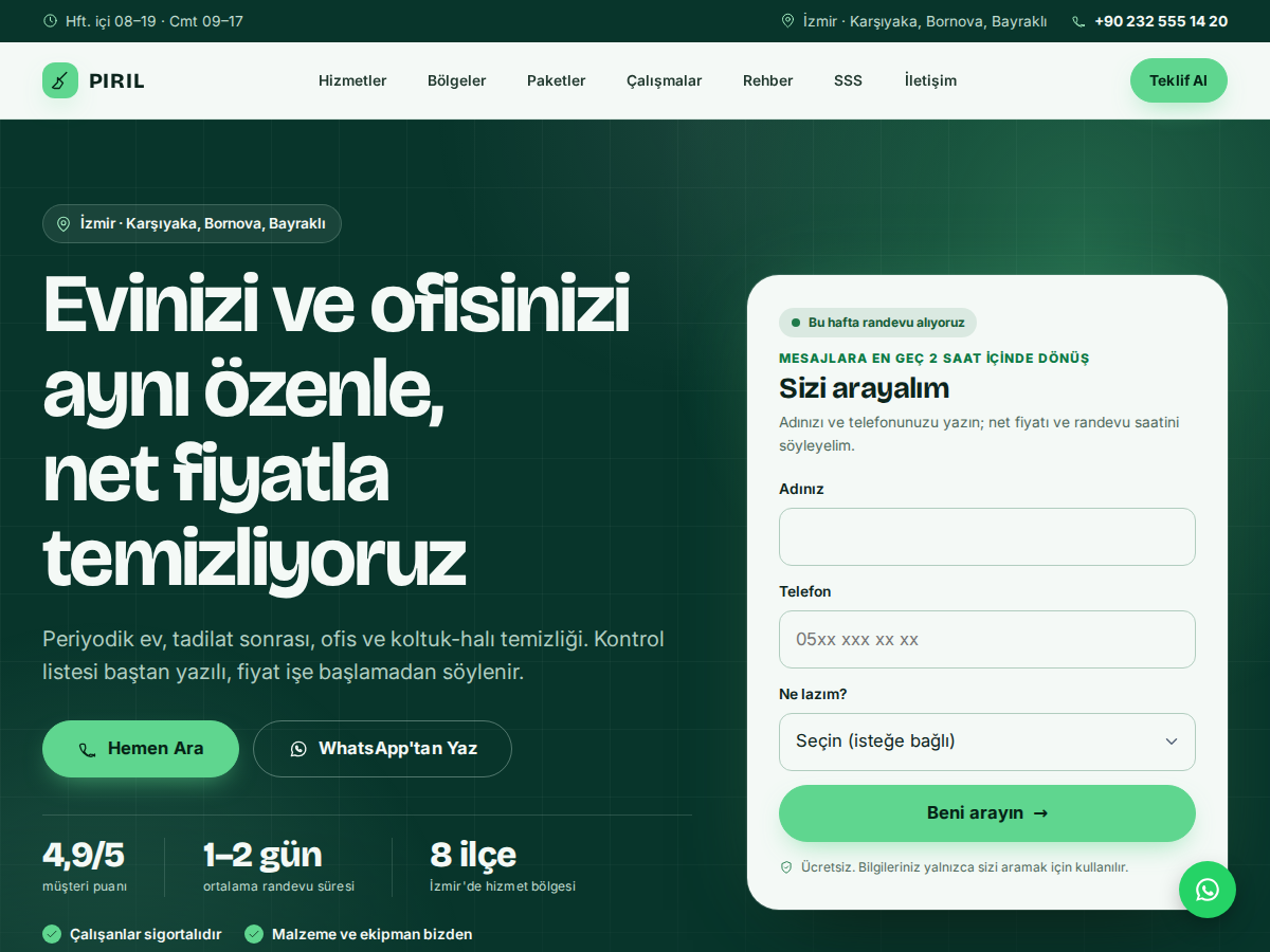 Pırıl teması ana sayfası: mutfak musluğu ve fayans duvarın kirli ve temiz hâlini gösteren önce/sonra sürgüsü, üstünde zümrüt başlık tabelası.