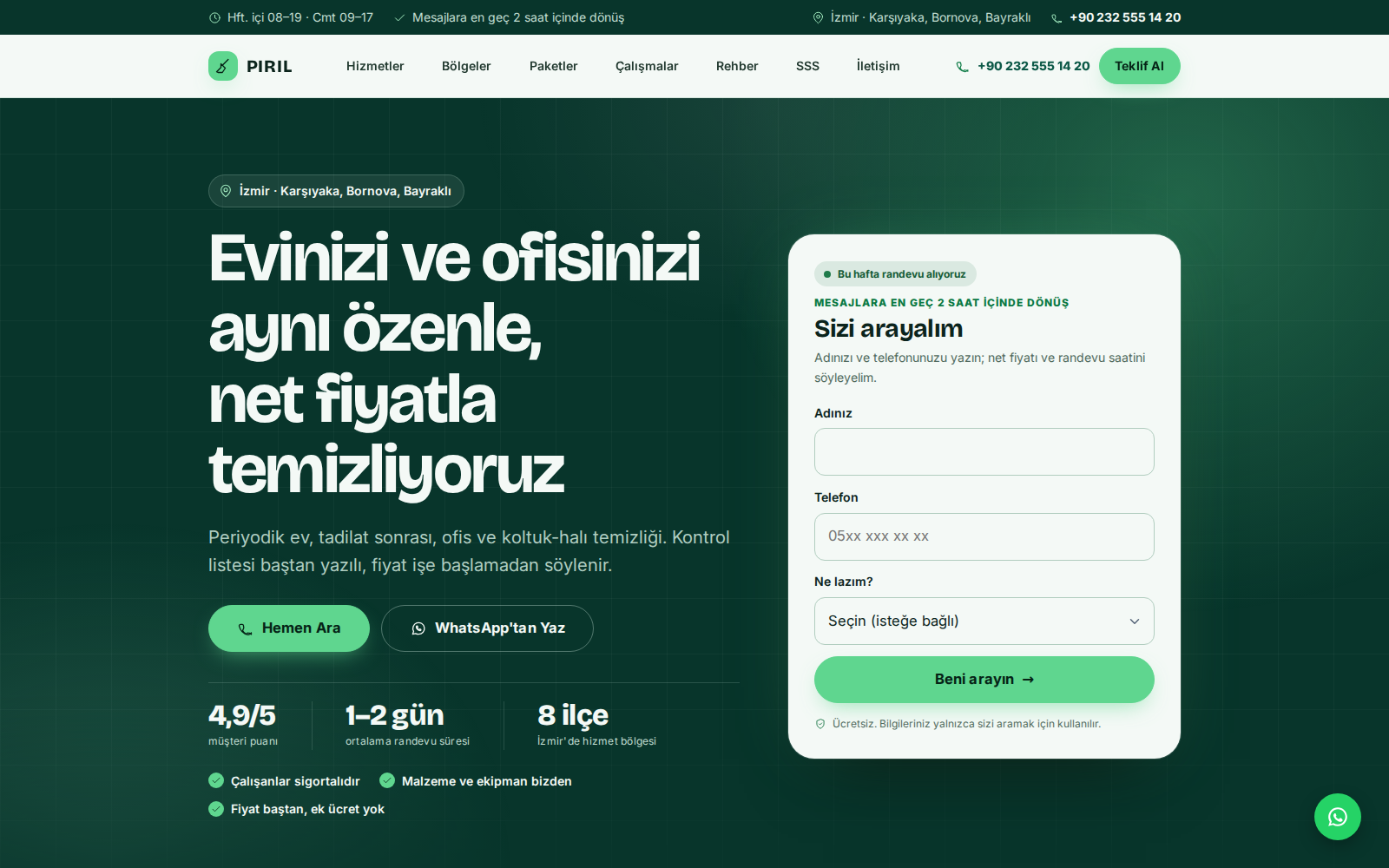 Pırıl teması ana sayfası: koyu zümrüt zeminde “İzmir’de ev ve ofis temizliği” başlığı, yeşil vurgulu butonlar ve süpürge-kova illüstrasyonu.