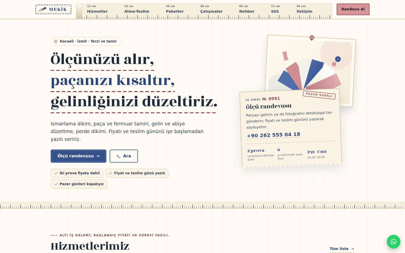 İğne teması ana sayfası: krem zeminde Rozha One başlık iğneyle satır satır dikiliyor, üstte ölçü şeridi menü ve altında asılı fiyat etiketleri.