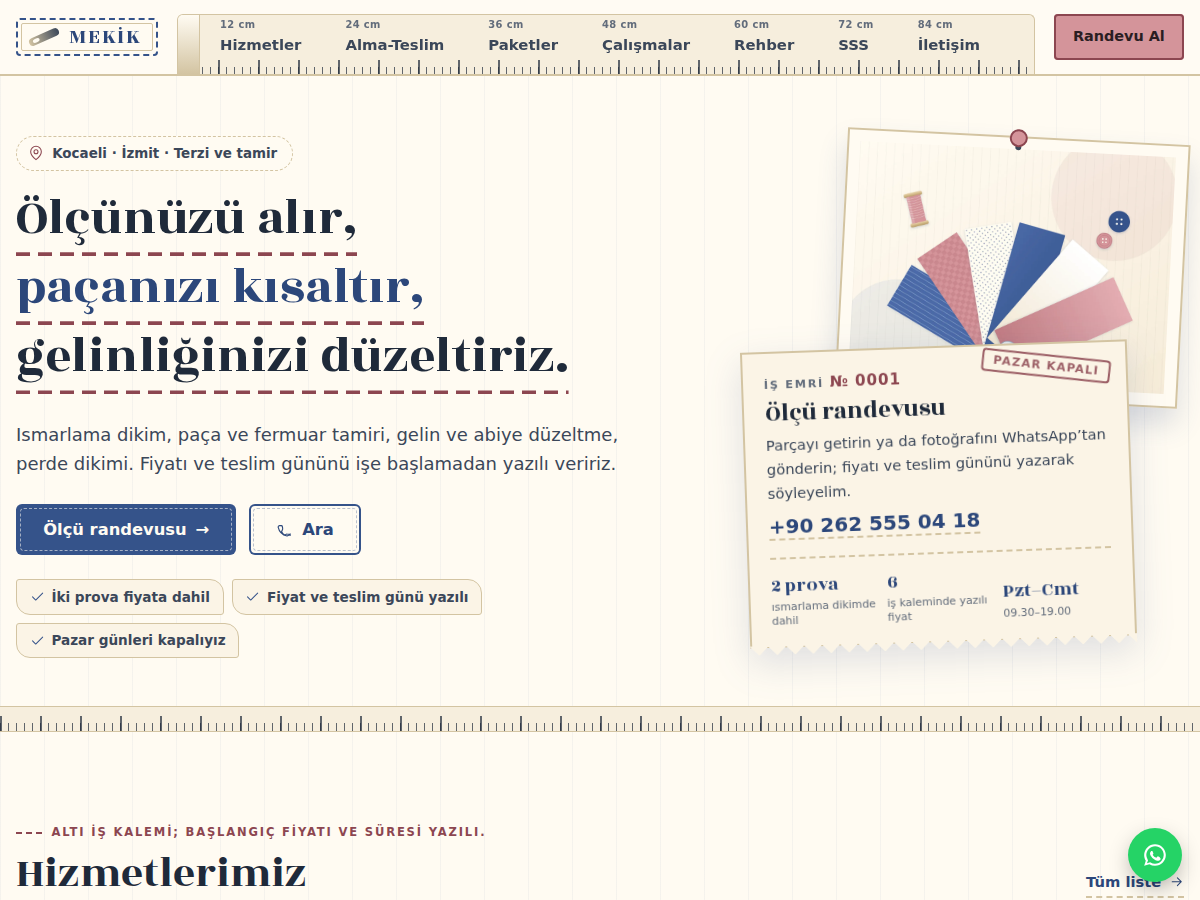 İğne teması ana sayfası: krem zeminde Rozha One başlık iğneyle satır satır dikiliyor, üstte ölçü şeridi menü ve altında asılı fiyat etiketleri.